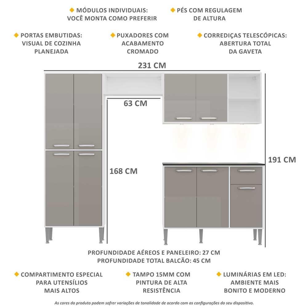 Cozinha Completa Compacta c/ 3 Leds, Armário e Balcão c/ Tampo 4 pçs Xangai Multimóveis Bca/Lca Fumê