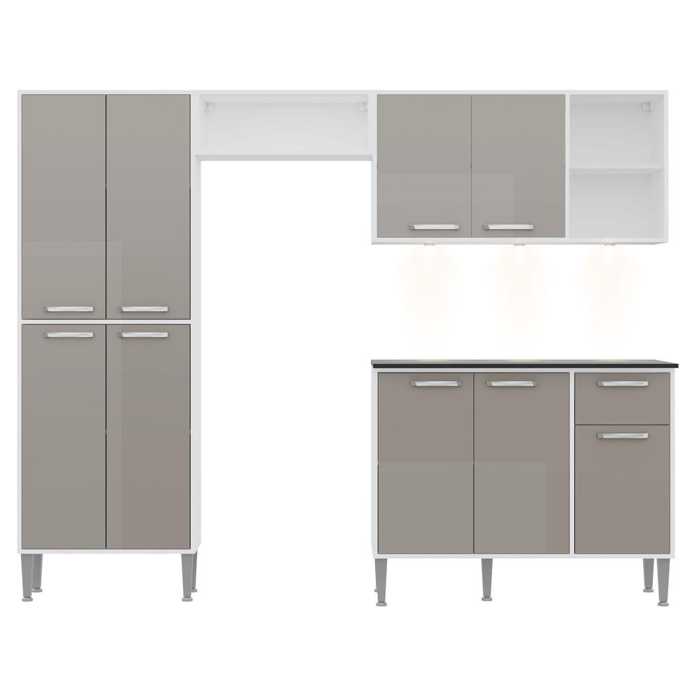 Cozinha Completa Compacta c/ 3 Leds, Armário e Balcão c/ Tampo 4 pçs Xangai Multimóveis Bca/Lca Fumê