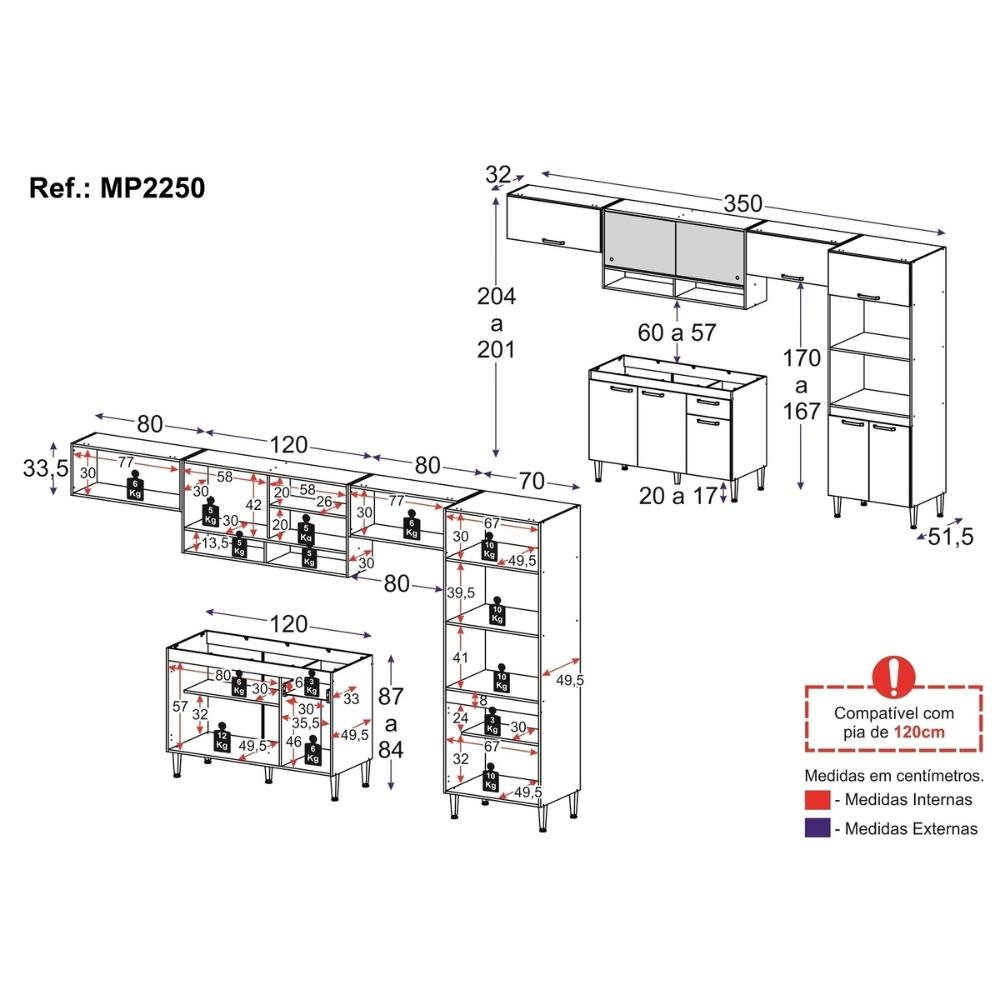Cozinha Completa Modulada 5 Peças Paris Multimóveis MP2250 Madeirado/Branco