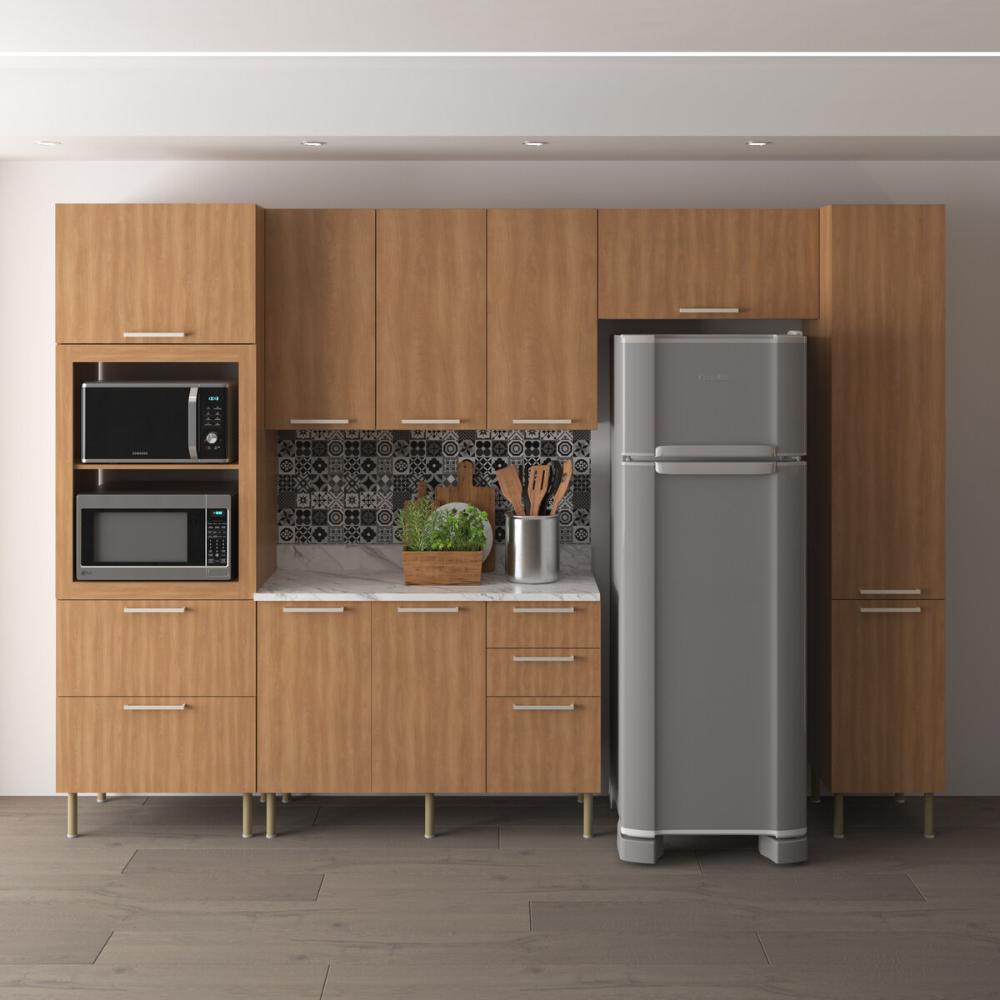 Cozinha Completa Modulada 5 Peças com Balcão com Tampo Multimóveis CR20451 Freijó/Mármore Branco