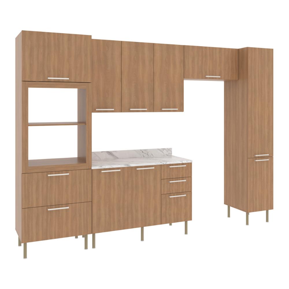 Cozinha Completa Modulada 5 Peças com Balcão com Tampo Multimóveis CR20451 Freijó/Mármore Branco