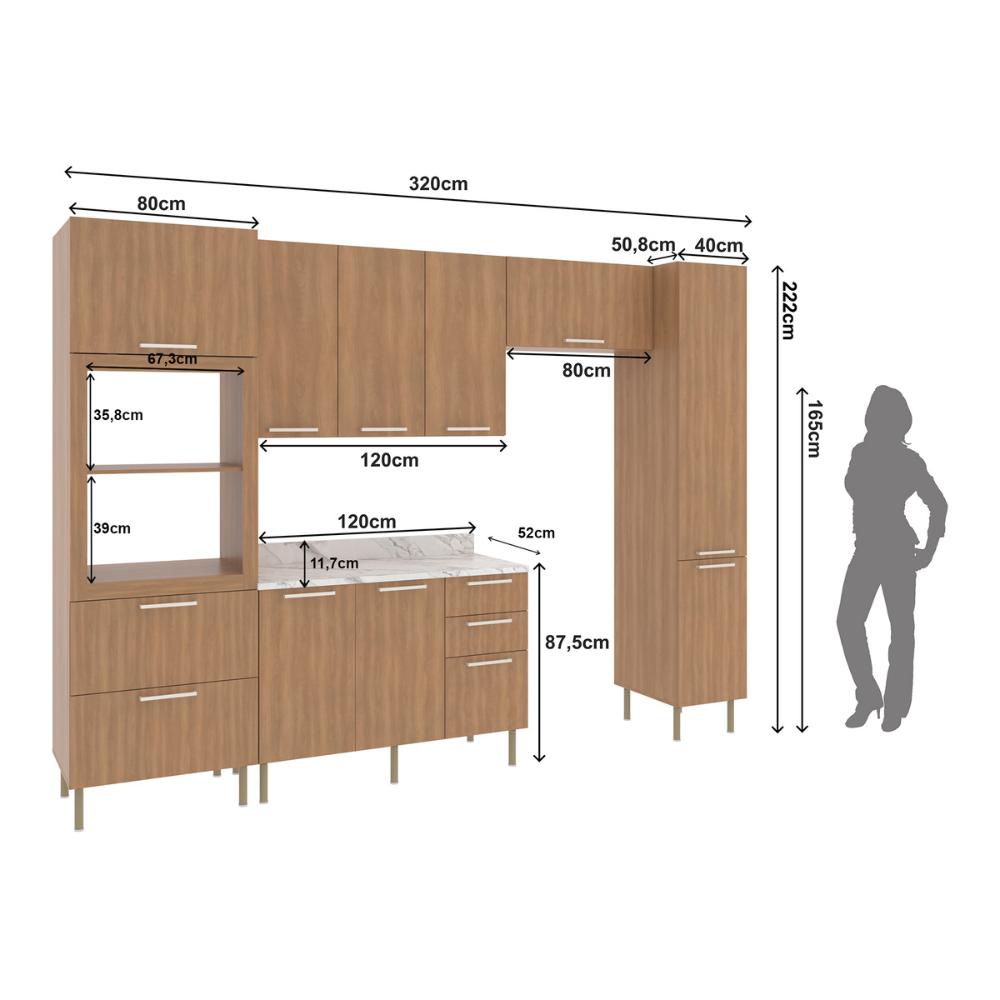 Cozinha Completa Modulada 5 Peças com Balcão com Tampo Multimóveis CR20451 Freijó/Mármore Branco