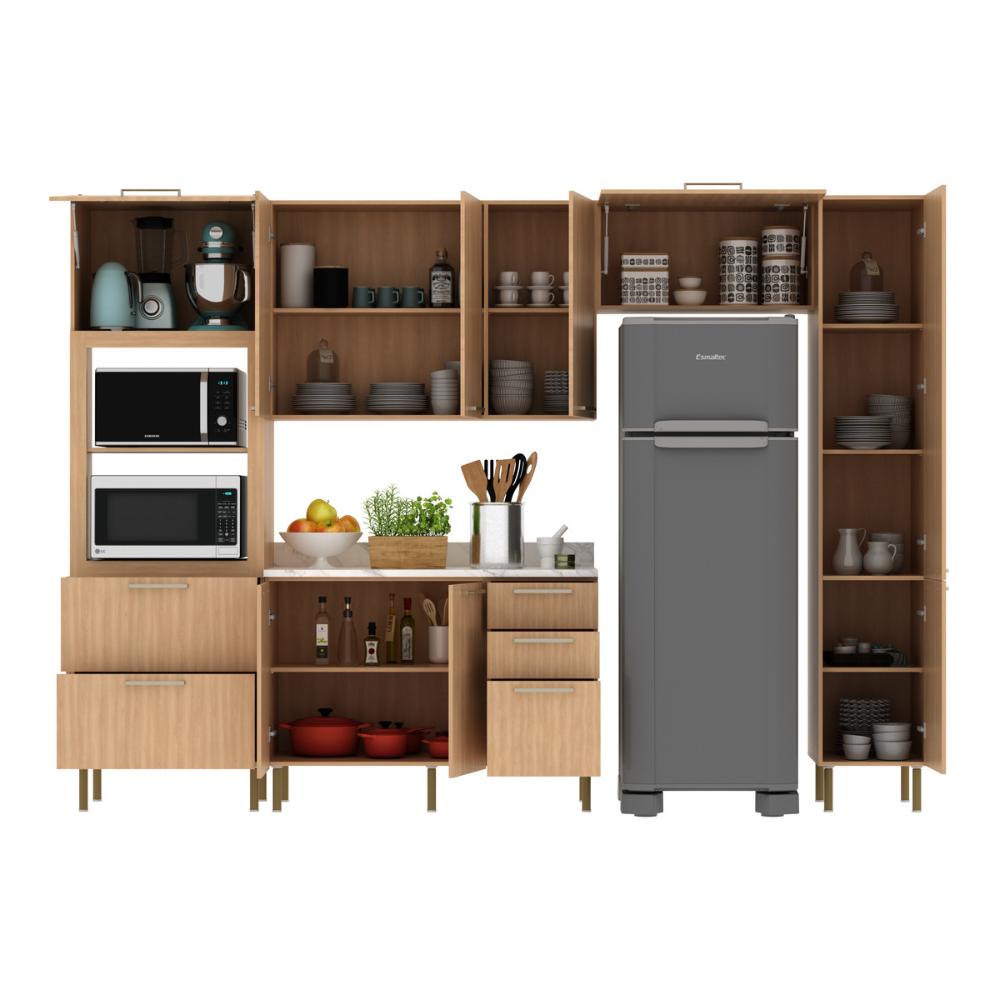 Cozinha Completa Modulada 5 Peças com Balcão com Tampo Multimóveis CR20451 Freijó/Mármore Branco