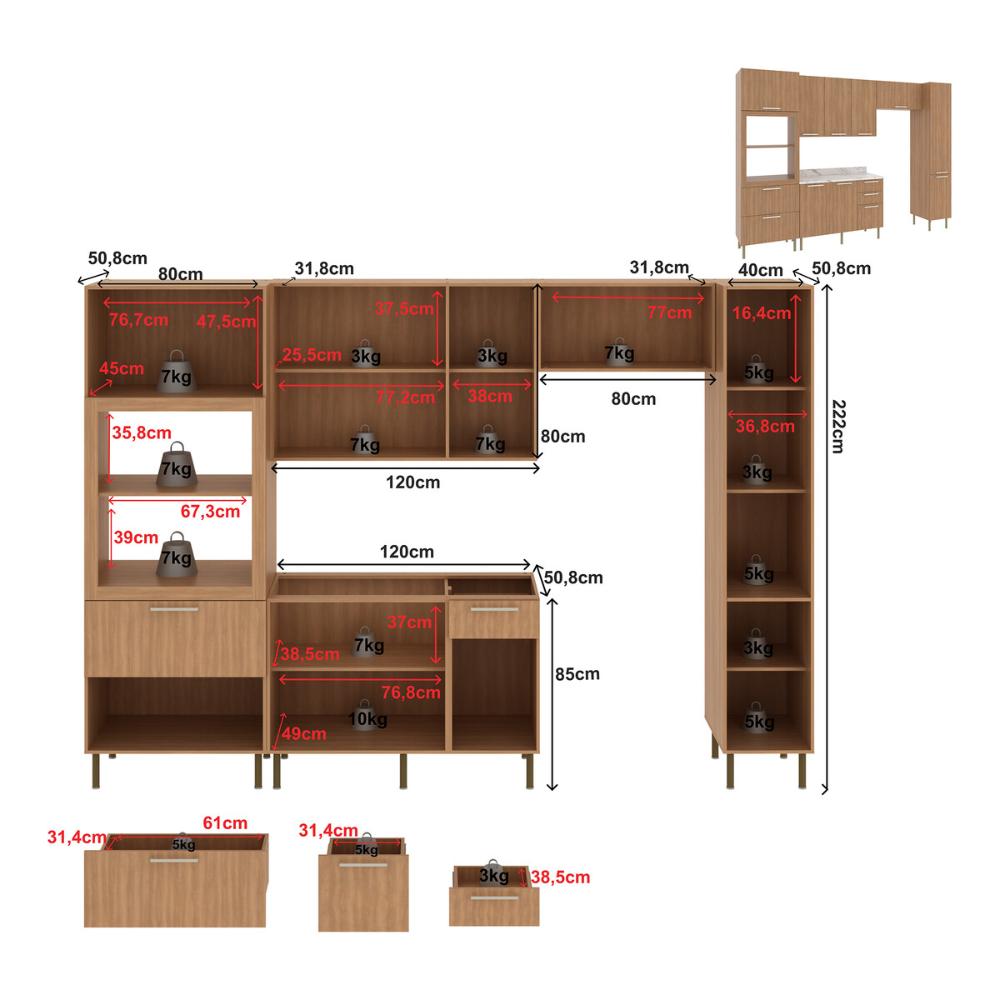 Cozinha Completa Modulada 5 Peças com Balcão com Tampo Multimóveis CR20451 Freijó/Mármore Branco