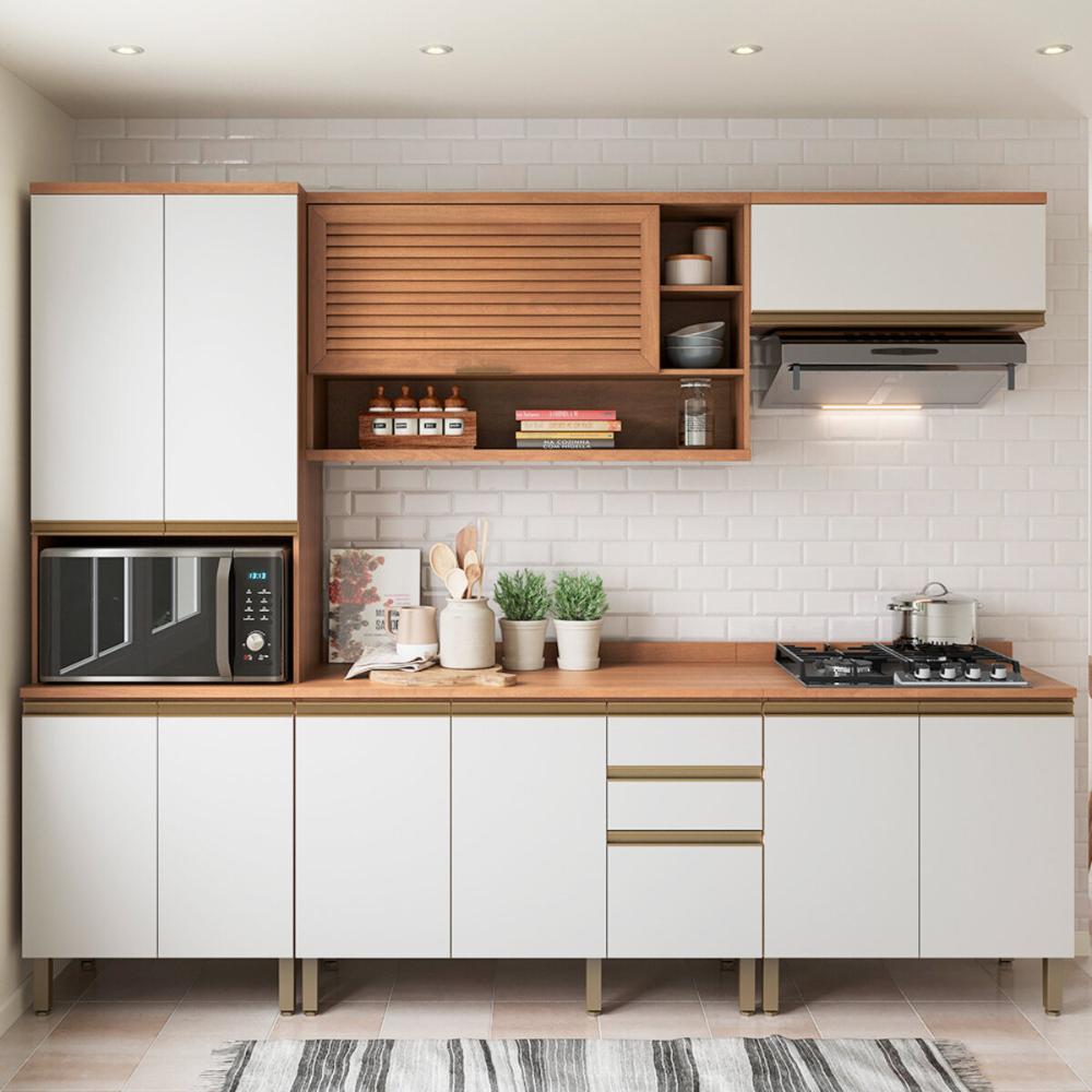 Cozinha Completa Modulada 5 Peças com Balcão para Cooktop Multimóveis CR20402 Freijó/Branco