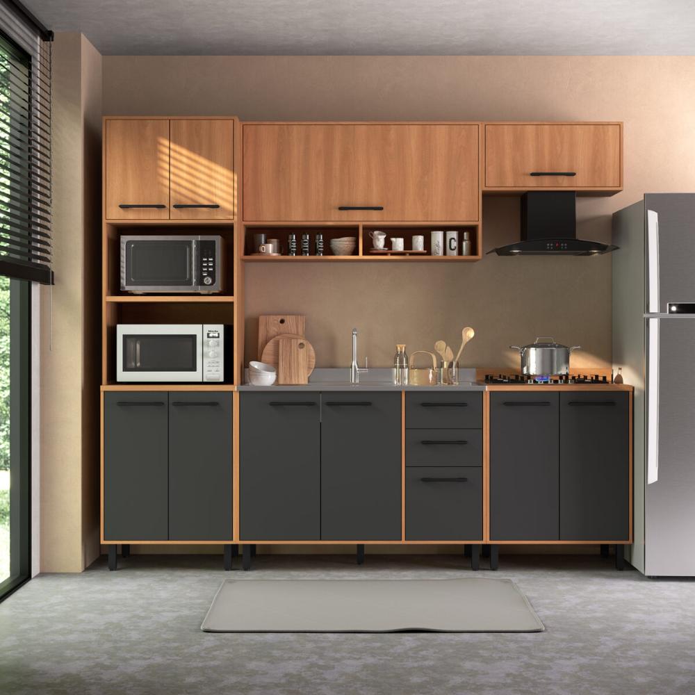 Cozinha Completa Modulada 5 Peças com Gabinete para Pia Havana Multimóveis CR20317 Rovere/Grafite