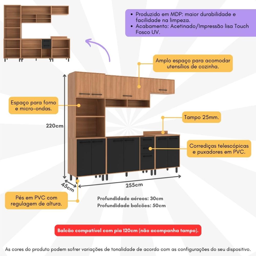 Cozinha Completa Modulada 5 Peças com Gabinete para Pia Havana Multimóveis CR20317 Rovere/Grafite