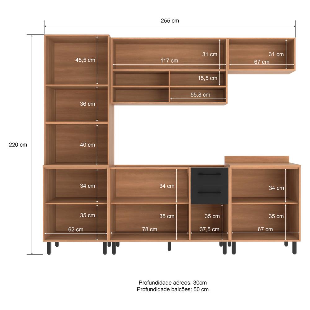 Cozinha Completa Modulada 5 Peças com Gabinete para Pia Havana Multimóveis CR20317 Rovere/Grafite