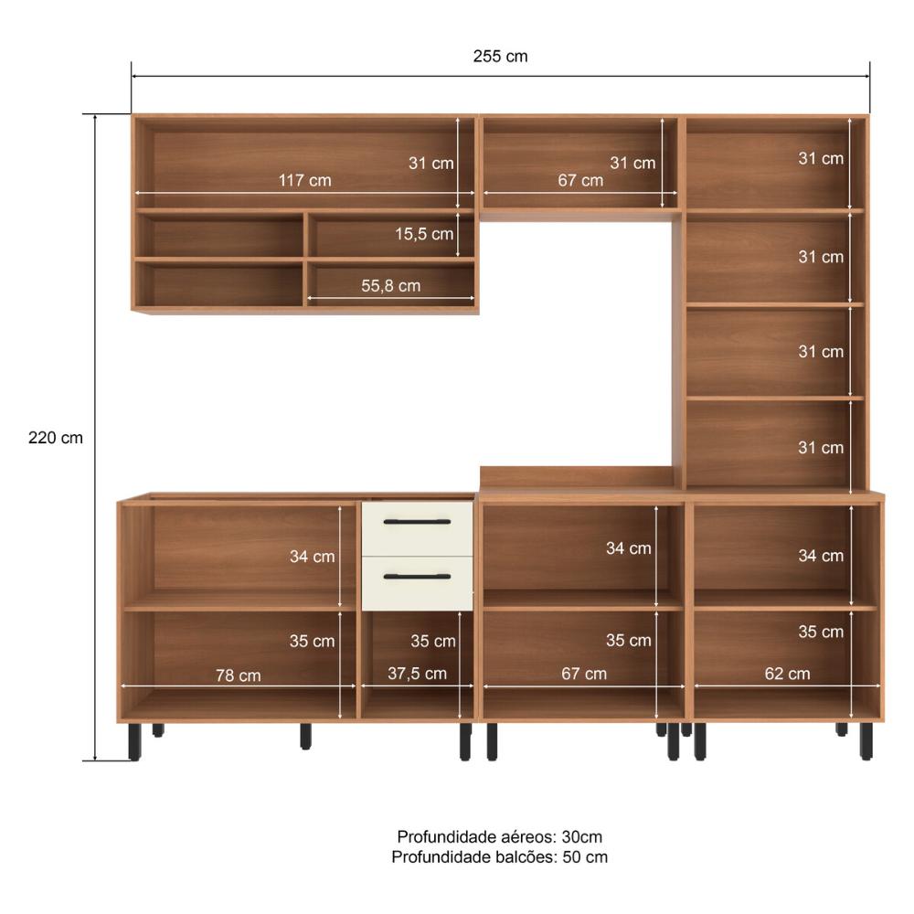 Cozinha Completa Modulada 5 Peças com Gabinete para Pia Havana Multimóveis CR20323 Rovere/Champanhe