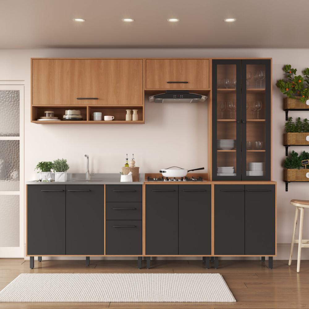Cozinha Completa Modulada 5 Peças com Gabinete para Pia Havana Multimóveis CR20323 Rovere/Grafite