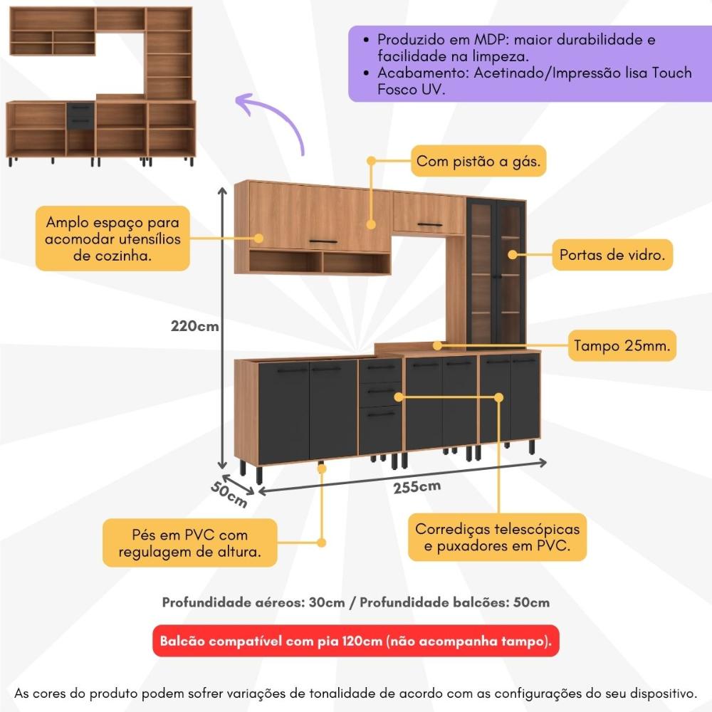 Cozinha Completa Modulada 5 Peças com Gabinete para Pia Havana Multimóveis CR20323 Rovere/Grafite