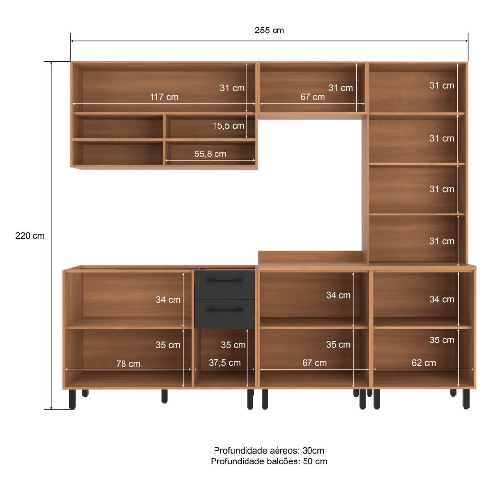 Cozinha Completa Modulada 5 Peças com Gabinete para Pia Havana Multimóveis CR20323 Rovere/Grafite