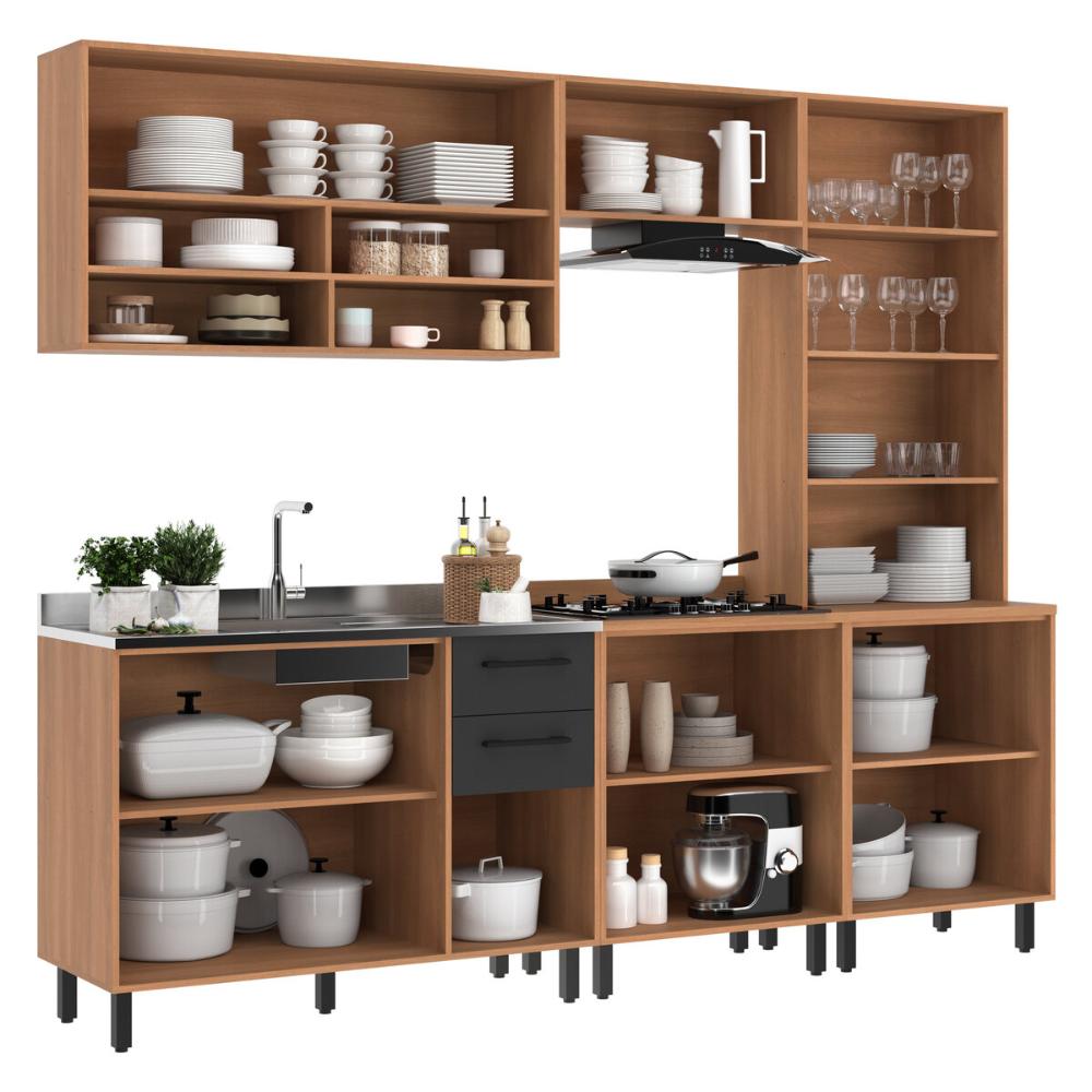 Cozinha Completa Modulada 5 Peças com Gabinete para Pia Havana Multimóveis CR20323 Rovere/Grafite