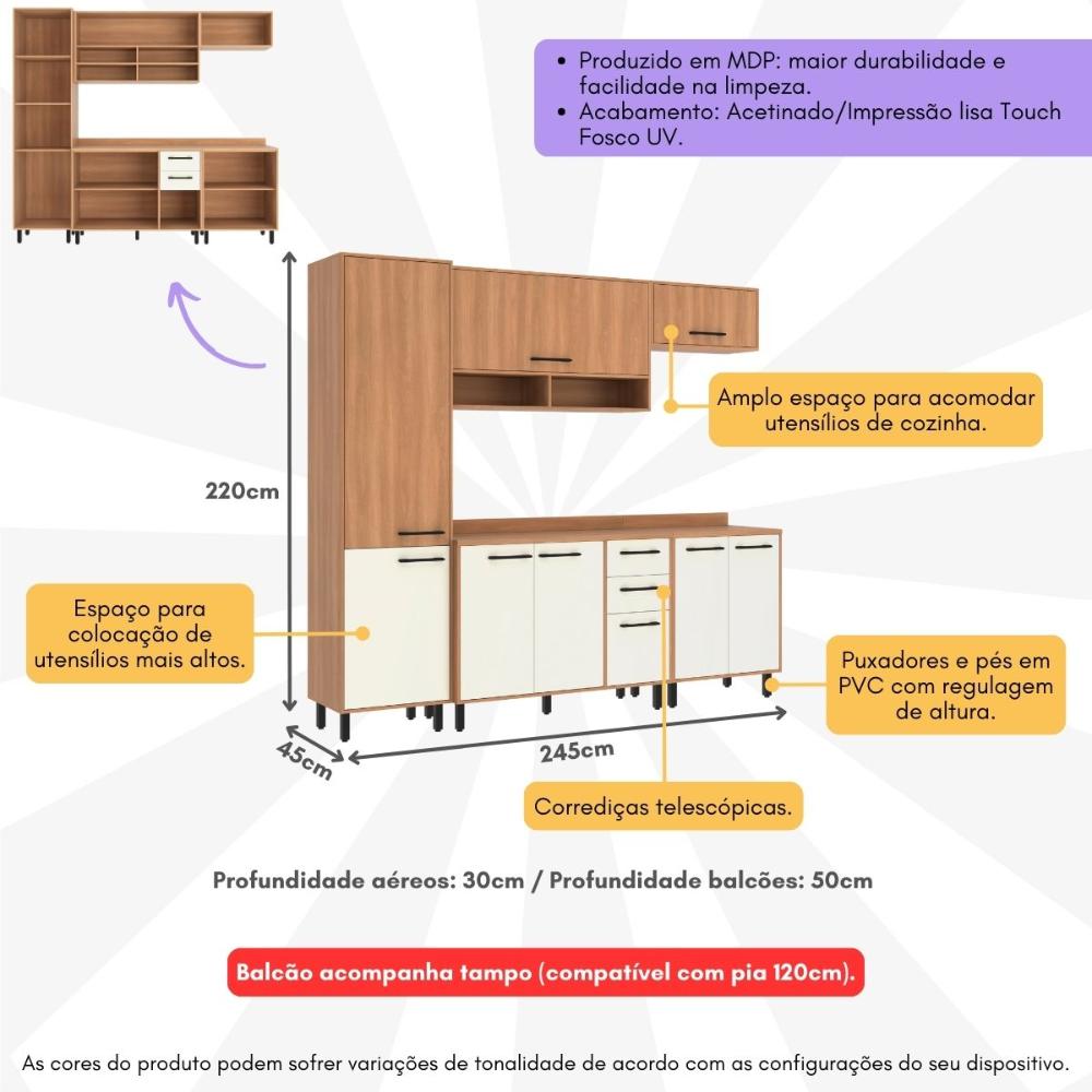 Cozinha Completa Modulada 5 Peças com Paneleiro Havana Multimóveis CR20335 Rovere/Champanhe