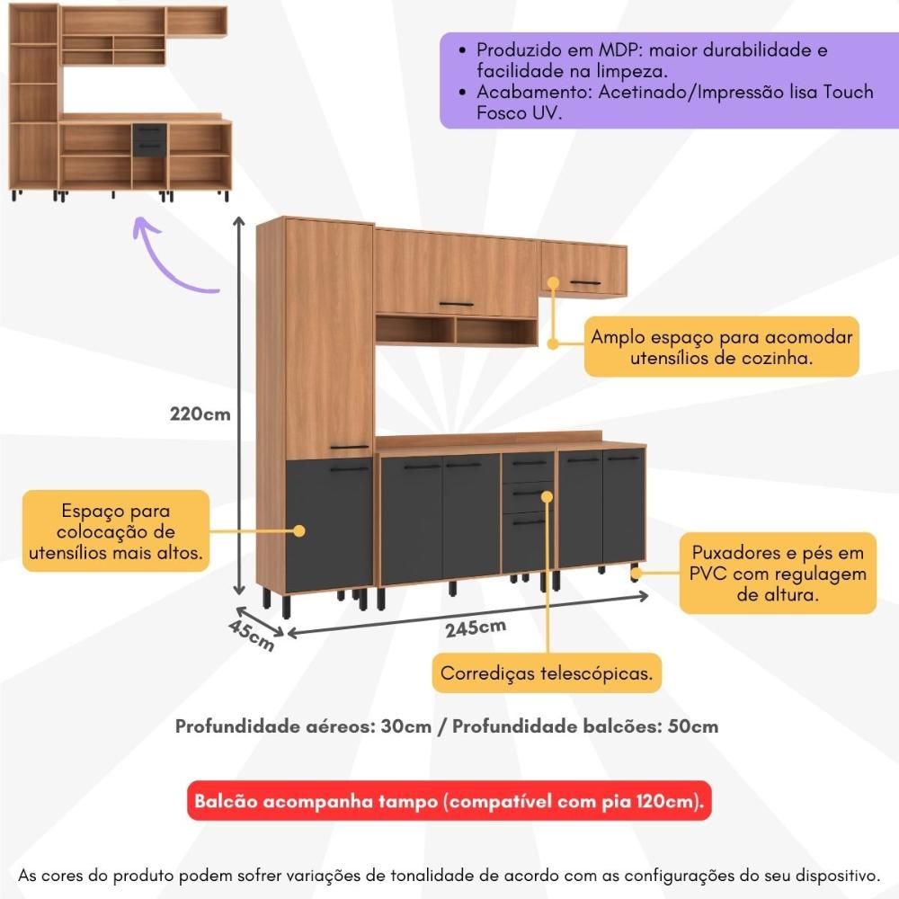 Cozinha Completa Modulada 5 Peças com Paneleiro Havana Multimóveis CR20335 Rovere/Grafite
