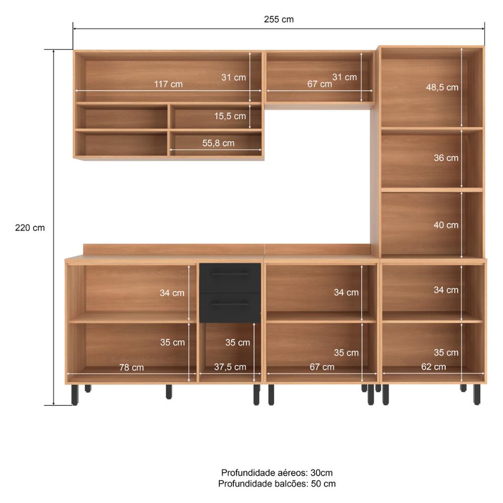 Cozinha Completa Modulada 5 Peças com Torre Quente Havana Multimóveis CR20333 Rovere/Grafite