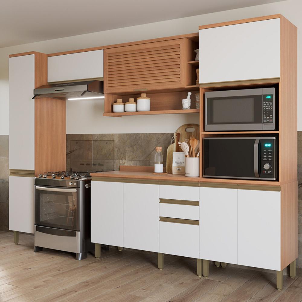 Cozinha Completa Modulada 5 Peças com Torre Quente e Balcão Multimóveis CR20406 Freijó/Branco