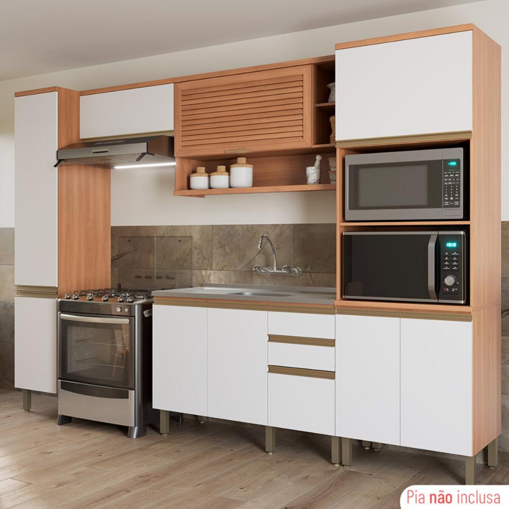 Cozinha Completa Modulada 5 Peças com Torre Quente e Gabinete Pia Multimóveis CR20407 Freijó/Branco