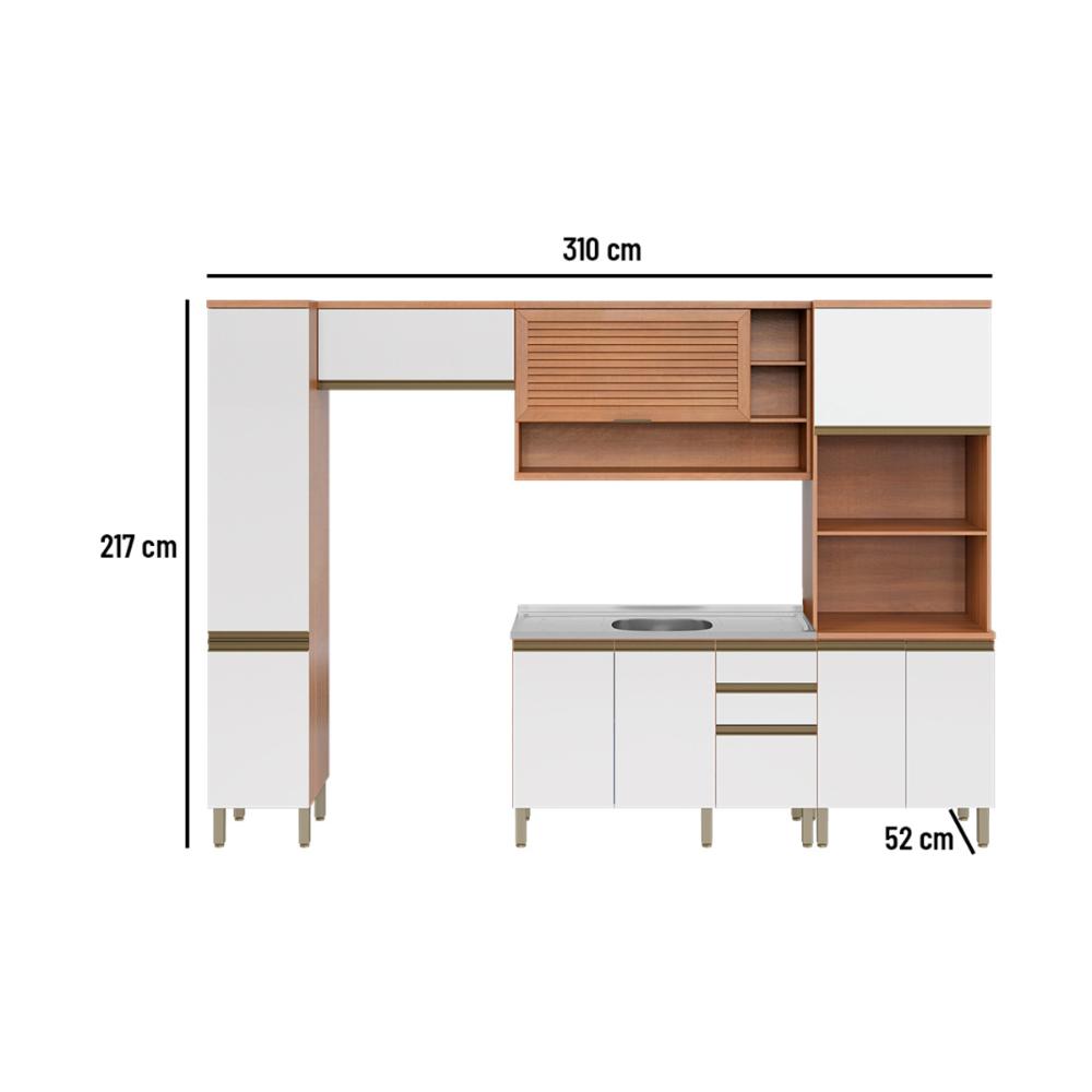 Cozinha Completa Modulada 5 Peças com Torre Quente e Gabinete Pia Multimóveis CR20407 Freijó/Branco