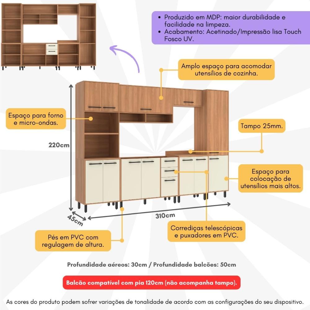 Cozinha Completa Modulada 6 Peças com Gabinete para Pia Havana Multimóveis CR20315 Rovere/Champanhe