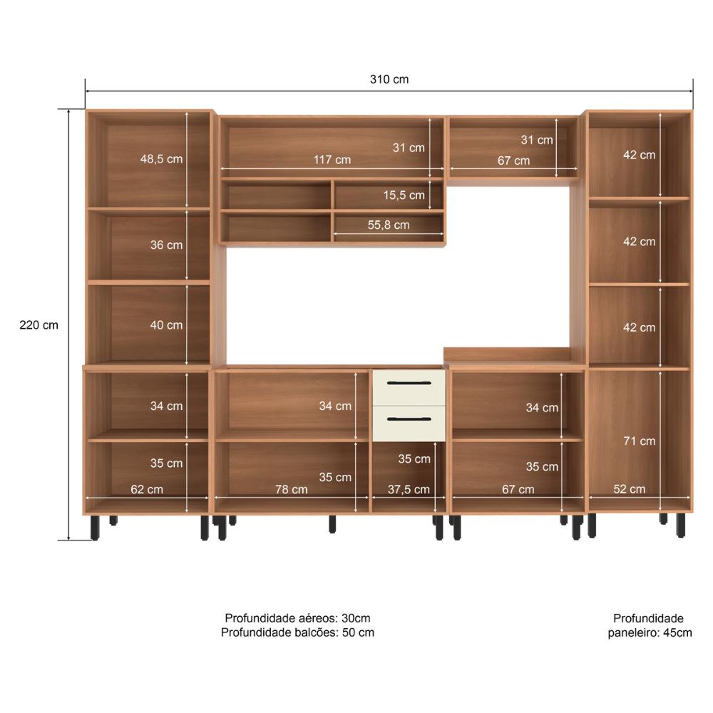 Cozinha Completa Modulada 6 Peças com Gabinete para Pia Havana Multimóveis CR20315 Rovere/Champanhe