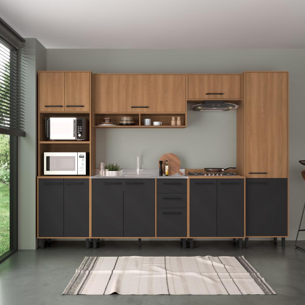 Cozinha Completa Modulada 6 Peças com Gabinete para Pia Havana Multimóveis CR20315 Rovere/Grafite