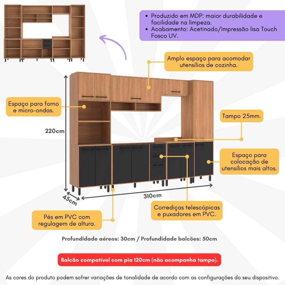 Cozinha Completa Modulada 6 Peças com Gabinete para Pia Havana Multimóveis CR20315 Rovere/Grafite