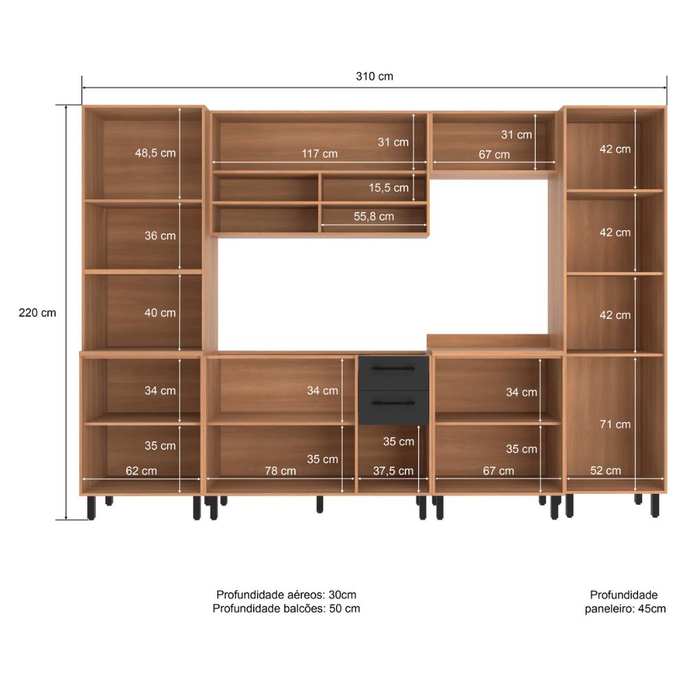 Cozinha Completa Modulada 6 Peças com Gabinete para Pia Havana Multimóveis CR20315 Rovere/Grafite