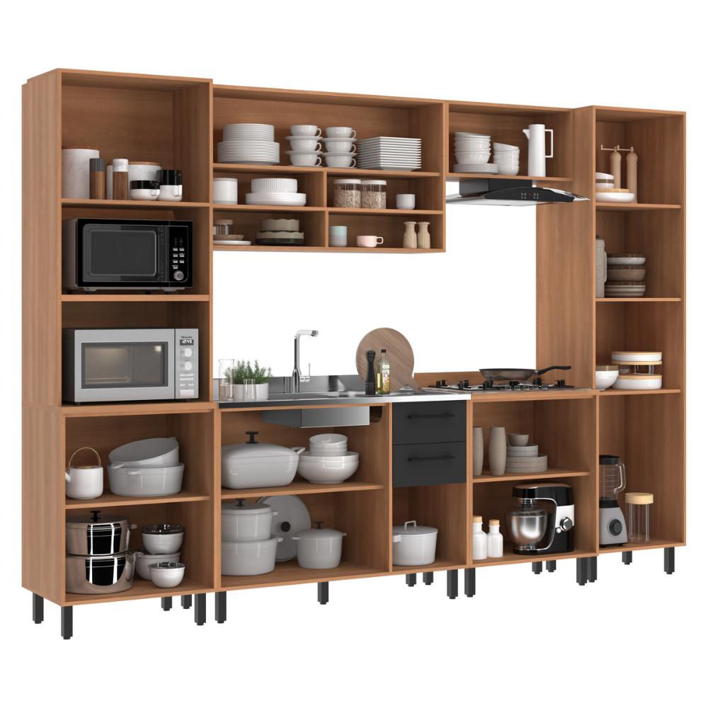 Cozinha Completa Modulada 6 Peças com Gabinete para Pia Havana Multimóveis CR20315 Rovere/Grafite