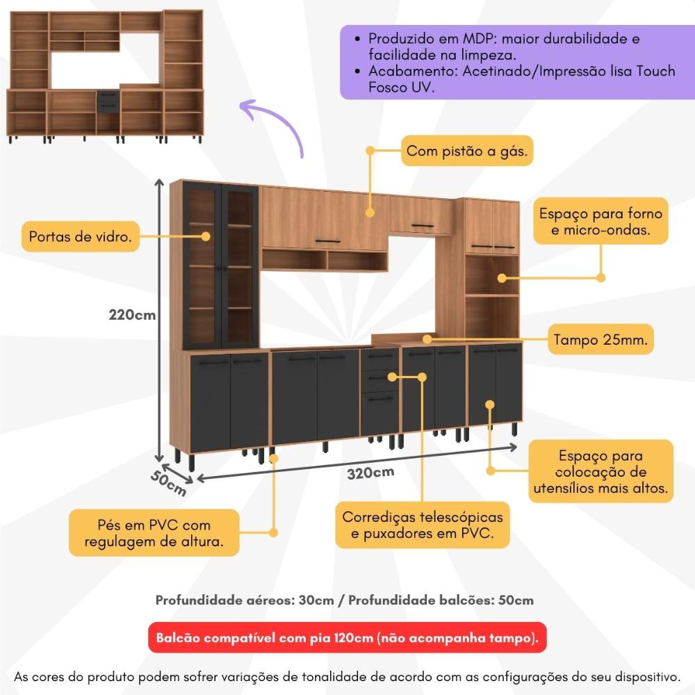 Cozinha Completa Modulada 6 Peças com Gabinete para Pia Havana Multimóveis CR20319 Rovere/Grafite