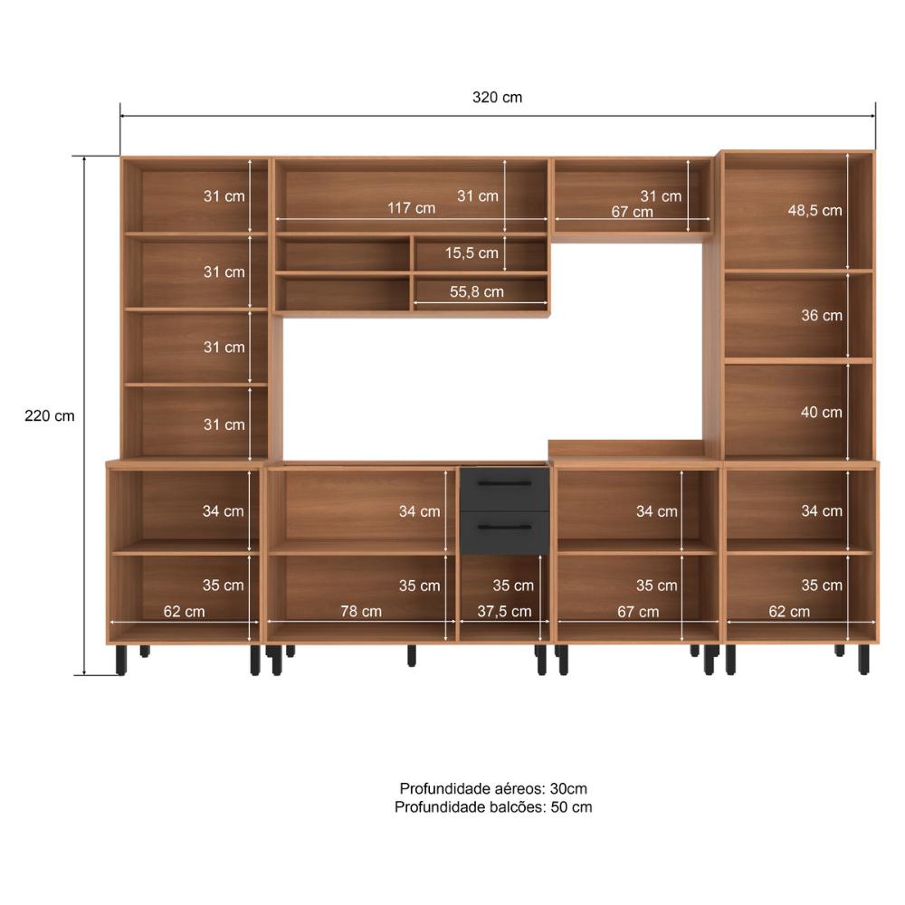 Cozinha Completa Modulada 6 Peças com Gabinete para Pia Havana Multimóveis CR20319 Rovere/Grafite