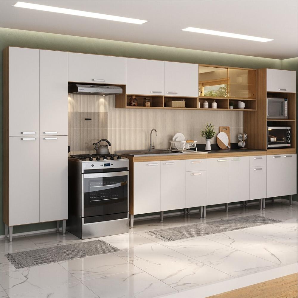 Cozinha Completa Modulada 7 Pçs com Armário e Balcão de Pia Paris Multimóveis MP2226 Rustic/Branco