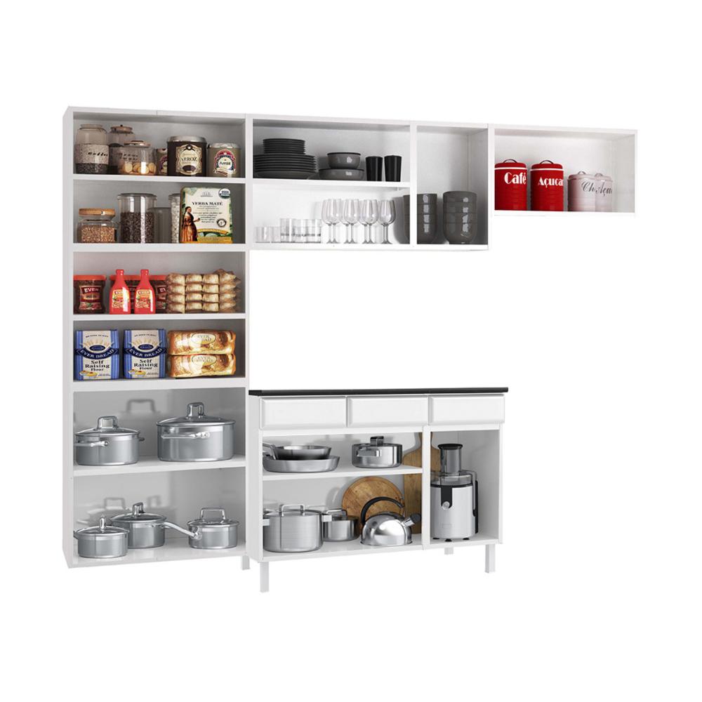 Cozinha Completa Modulada Aço 4 Peças com Balcão com Tampo Multimóveis CR20370 Branco
