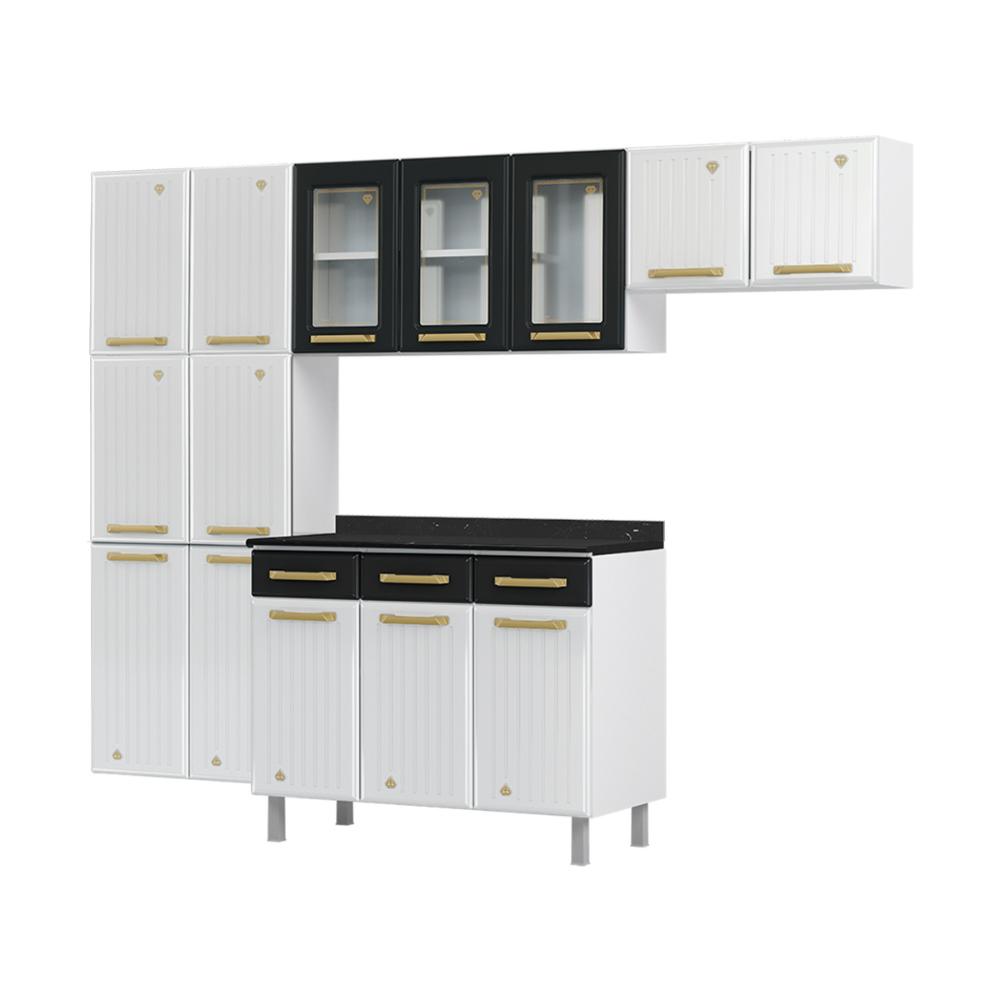 Cozinha Completa Modulada Aço 4 Peças com Balcão com Tampo Multimóveis CR20370 Branco/Preto