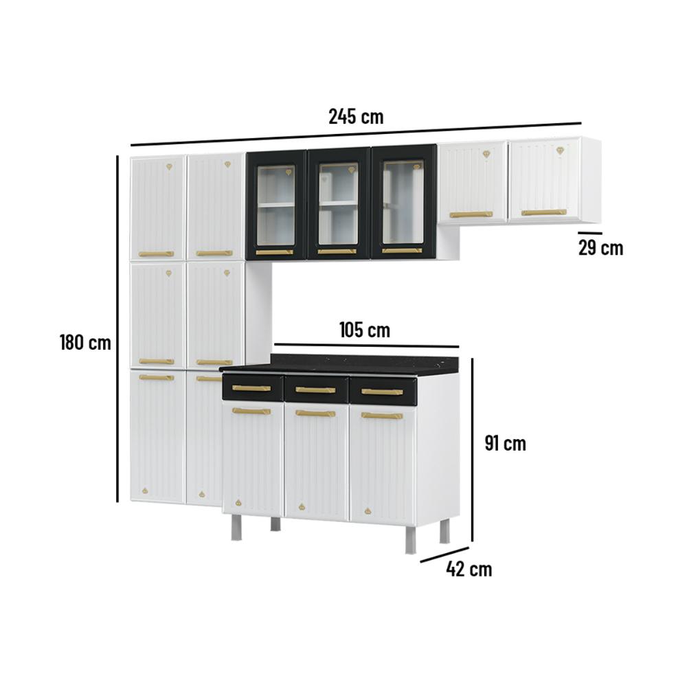 Cozinha Completa Modulada Aço 4 Peças com Balcão com Tampo Multimóveis CR20370 Branco/Preto