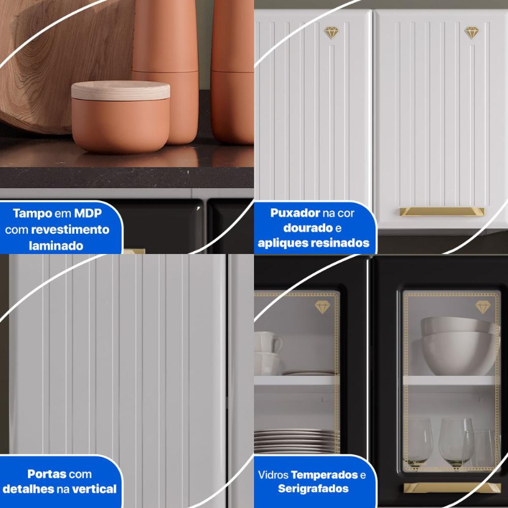 Cozinha Completa Modulada Aço 4 Peças com Balcão com Tampo Multimóveis CR20370 Branco/Preto