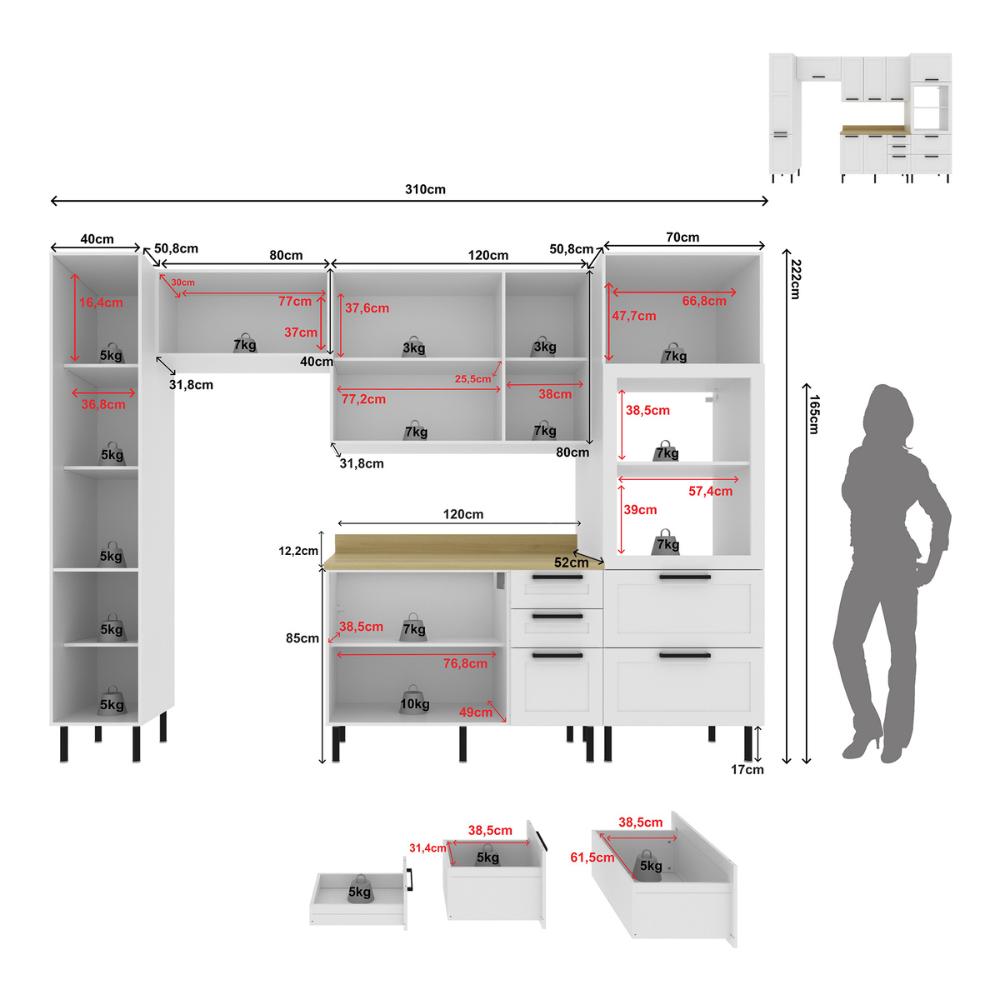 Cozinha Completa Modulada MDF 5 Peças com Balcão com Tampo Multimóveis CR20455 Branco/Carvalho Tropical