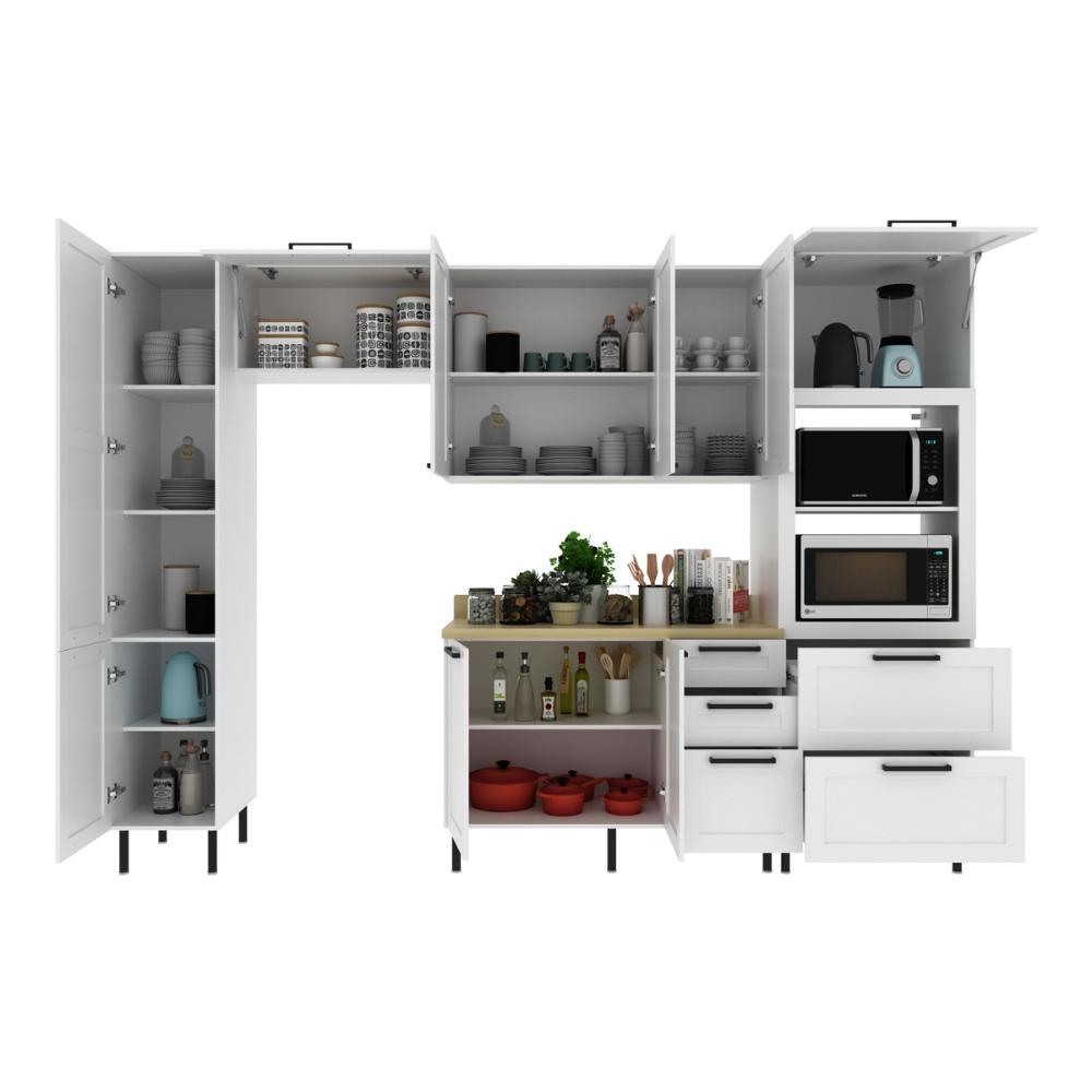 Cozinha Completa Modulada MDF 5 Peças com Balcão com Tampo Multimóveis CR20455 Branco/Carvalho Tropical