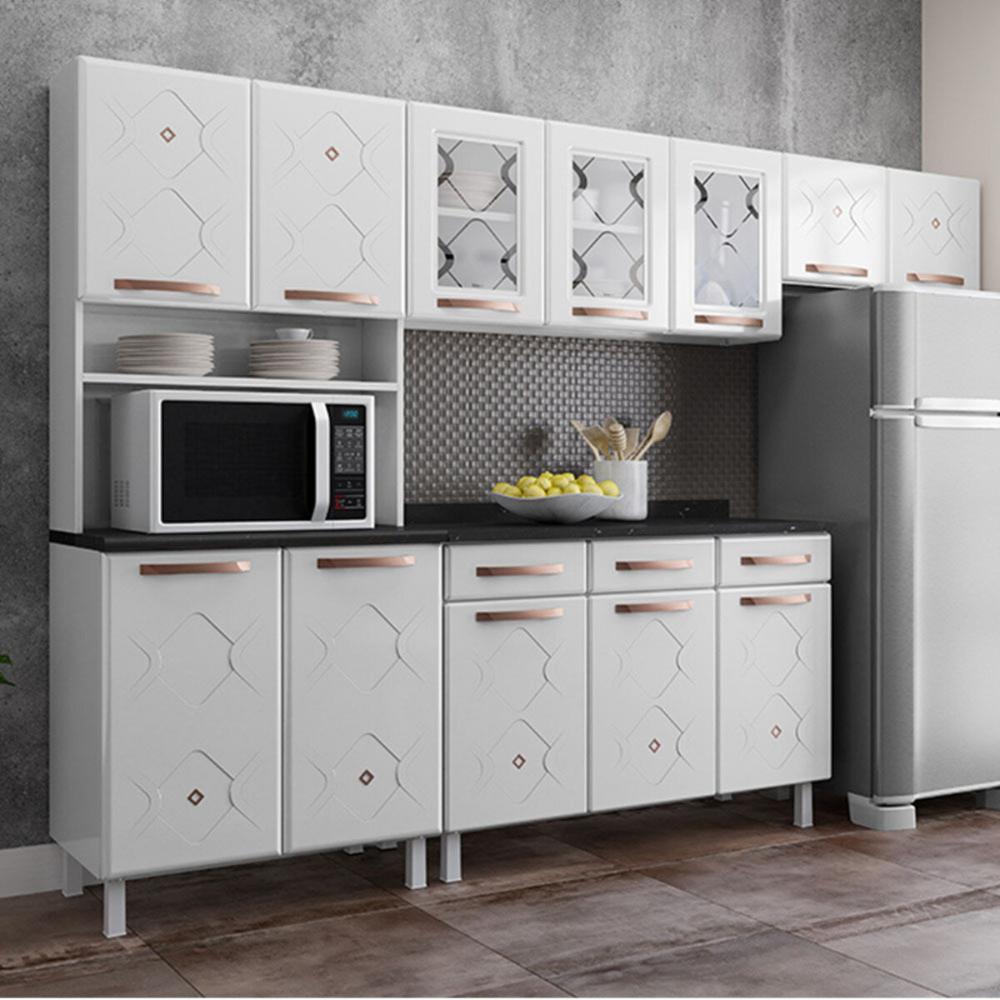 Cozinha Completa Modulada de Aço 4 Peças com Vidros e Balcão Multimóveis CR20353 Branco