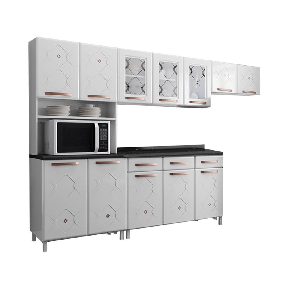 Cozinha Completa Modulada de Aço 4 Peças com Vidros e Balcão Multimóveis CR20353 Branco