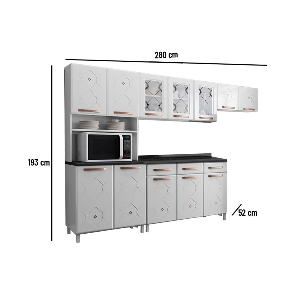 Cozinha Completa Modulada de Aço 4 Peças com Vidros e Balcão Multimóveis CR20353 Branco