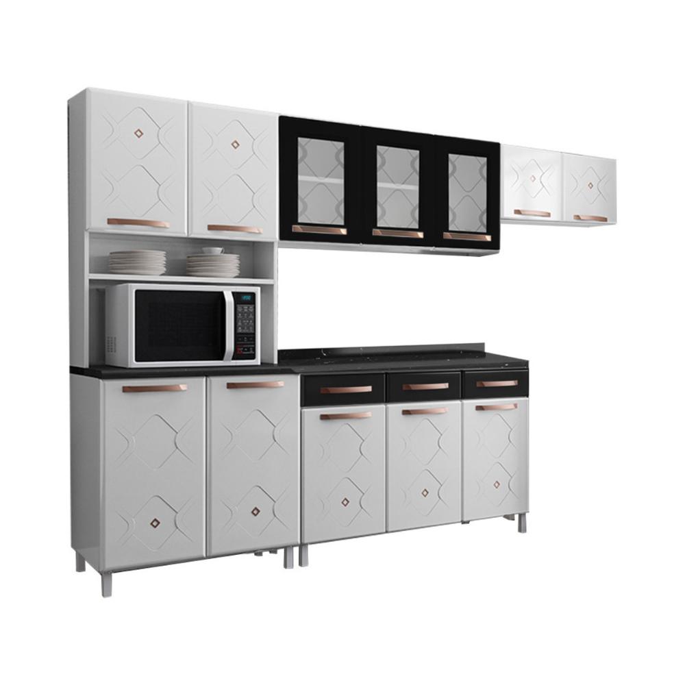 Cozinha Completa Modulada de Aço 4 Peças com Vidros e Balcão Multimóveis CR20353 Branco/Preto