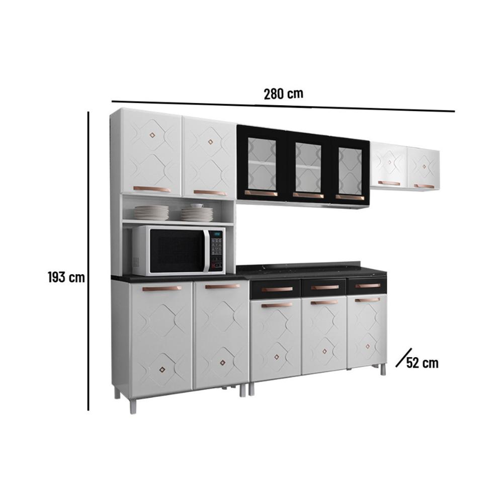 Cozinha Completa Modulada de Aço 4 Peças com Vidros e Balcão Multimóveis CR20353 Branco/Preto