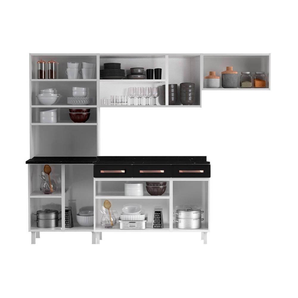 Cozinha Completa Modulada de Aço 4 Peças com Vidros e Balcão Multimóveis CR20353 Branco/Preto
