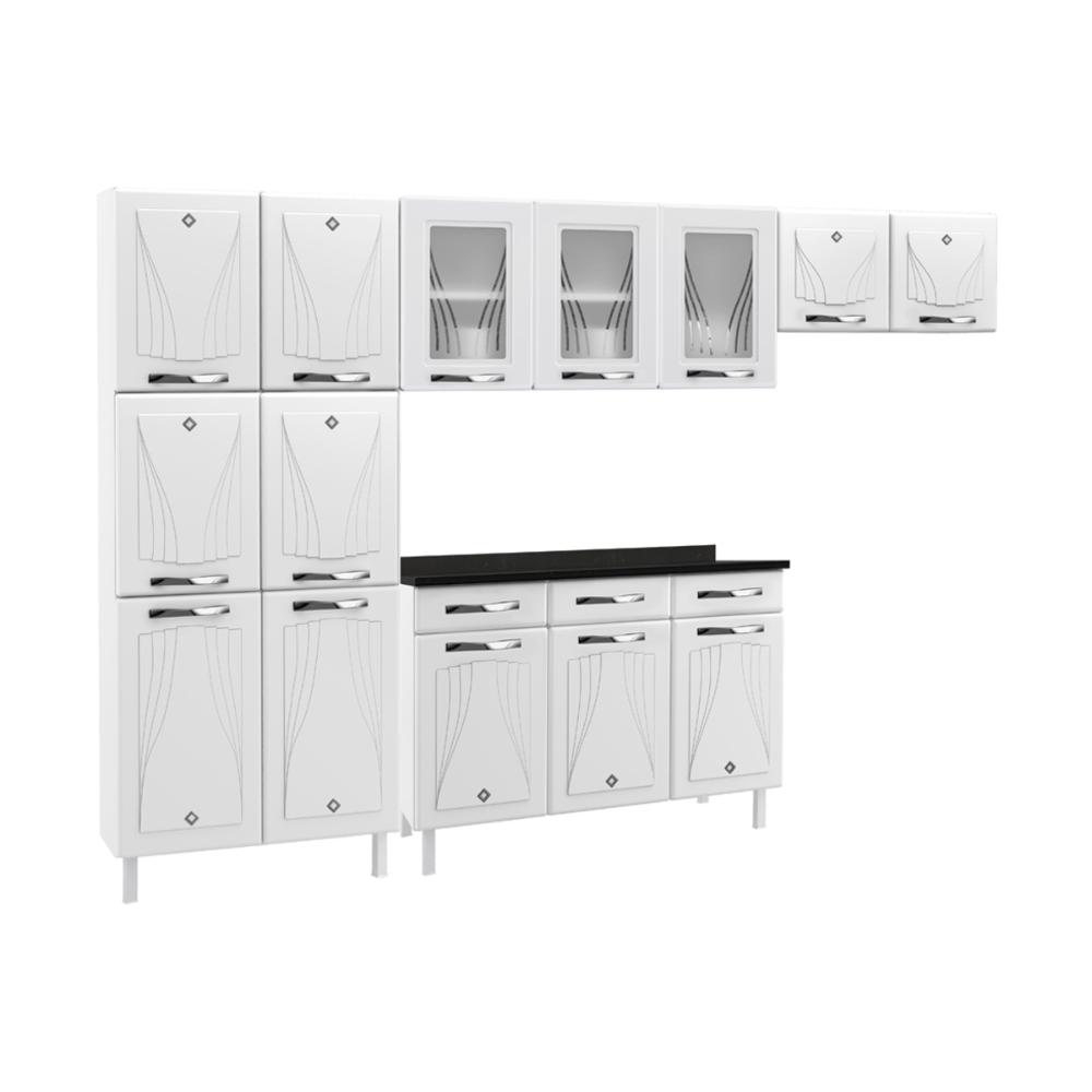 Cozinha Completa Modulada de Aço 4 Peças com Vidros e Balcão Multimóveis CR20356 Branco