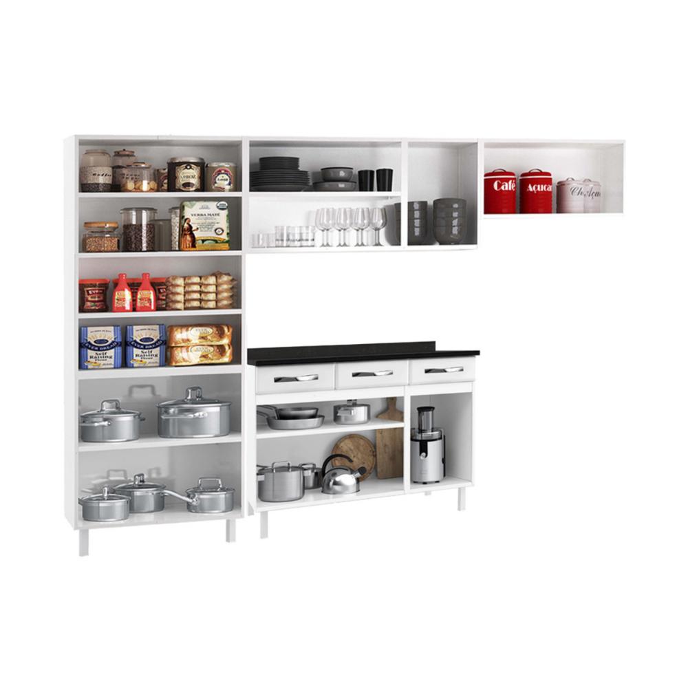 Cozinha Completa Modulada de Aço 4 Peças com Vidros e Balcão Multimóveis CR20356 Branco