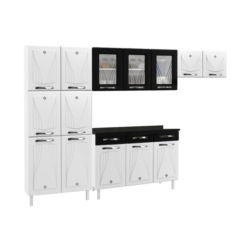 Cozinha Completa Modulada de Aço 4 Peças com Vidros e Balcão Multimóveis CR20356 Branco/Preto