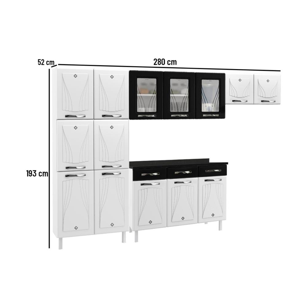 Cozinha Completa Modulada de Aço 4 Peças com Vidros e Balcão Multimóveis CR20356 Branco/Preto