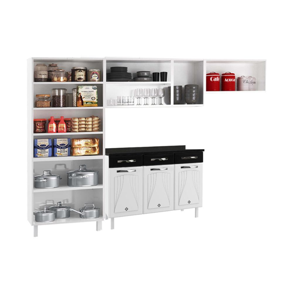 Cozinha Completa Modulada de Aço 4 Peças com Vidros e Balcão Multimóveis CR20356 Branco/Preto
