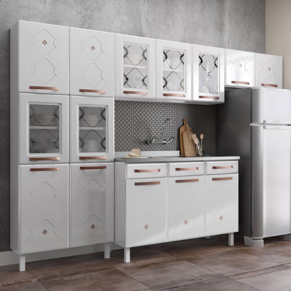 Cozinha Completa Modulada de Aço 4 Peças com Vidros e Gabinete Pia Multimóveis CR20351 Branco